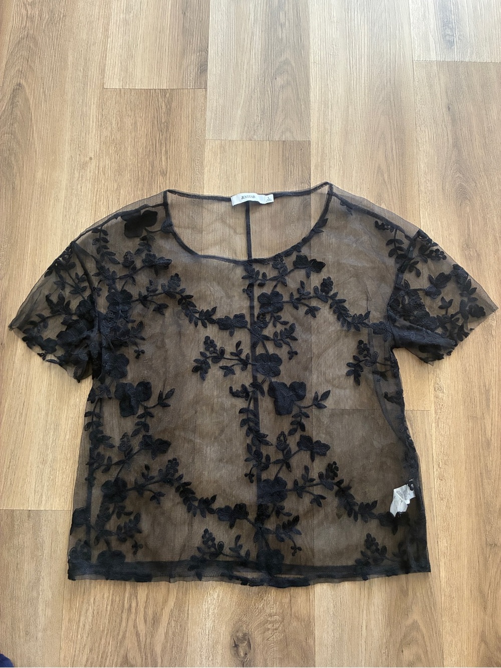 JustFab Black Sheer Floral Embroidered Mesh Top Size Large